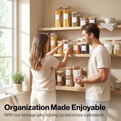 EDELHAUS Glass Storage Containers with Bamboo Lids and Labels - Set of 5 | Extra Thick Square Glass Canisters with Bamboo Wood Lids and 54 Pre-printed Pantry Labels keeps dry Goods Fresh and Organized - color: White Labels - Bamboo Lids - 5 Pack