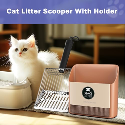 Cat Litter Scooper with Holder, Metal Litter Scoop Includes Portable Small Broom and Dustpan Set, Heavy Duty Stainless Steel Litter Scoop with Coarse and Fine Grid, Quick Sift and Easy Clean - color: Orange