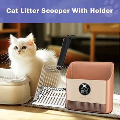 Cat Litter Scooper with Holder, Metal Litter Scoop Includes Portable Small Broom and Dustpan Set, Heavy Duty Stainless Steel Litter Scoop with Coarse and Fine Grid, Quick Sift and Easy Clean - color: Orange