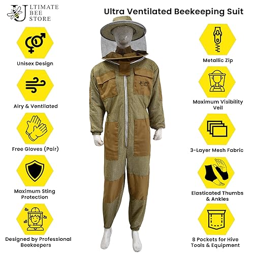 Highly Ventilated Beekeeping Suit Beekeepers 3 Layer Premium bee Suit for Men & Women with Pair of Gloves - color: Khaki Round Veil, size: Large