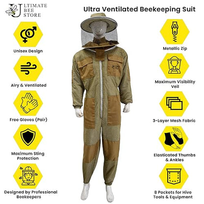 Highly Ventilated Beekeeping Suit Beekeepers 3 Layer Premium bee Suit for Men & Women with Pair of Gloves - color: Khaki Round Veil, size: 5X-Large