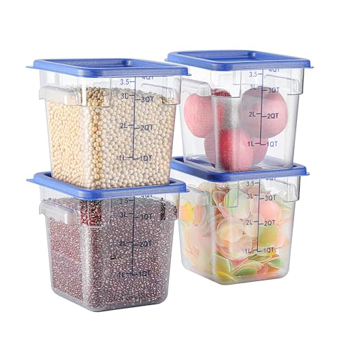 EGGKITPO 4 Pack 4 QT Food Storage Containers with Blue Lids Hot Cold Resistant Stackable Square Commercial Container Set with Handle, Clear Scarle Home Party Food Organizion BPA-Free Polycarbonate - color: Blue Lids, size: 4.0 QT