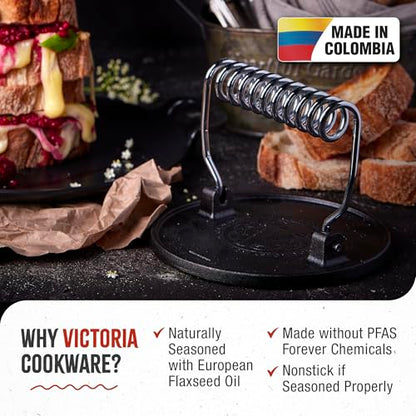 Victoria Round Cast-Iron Meat Press with a Wire Handle, Preseasoned with Flaxseed Oil, Made in Colombia - size: Round press