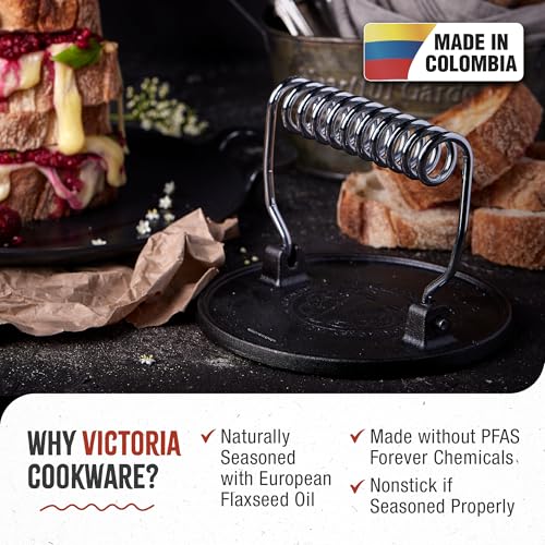 Victoria Round Cast-Iron Meat Press with a Wire Handle, Preseasoned with Flaxseed Oil, Made in Colombia - size: Round press
