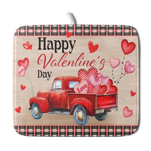 Valentine's Day Truck Dish Drying Mat 16x18 inch Love Heart Washable Absorbent Dishes Pad Dish Drainer Mat for Kitchen Counter Sink Coffee - color: Love Heart Truck, size: 16 x 18 inch