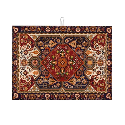 Persian Carpet Design Dish Drying Mat Tribal Texture Boho Persian Rust Carpet Drying Rack Pad Countertop Dishes Ultra Absorbent Microfiber Kitchen Counter Mat 18x24 Inch - color: Brown Red