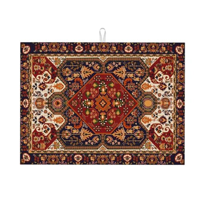 Persian Carpet Design Dish Drying Mat Tribal Texture Boho Persian Rust Carpet Drying Rack Pad Countertop Dishes Ultra Absorbent Microfiber Kitchen Counter Mat 18x24 Inch - color: Brown Red