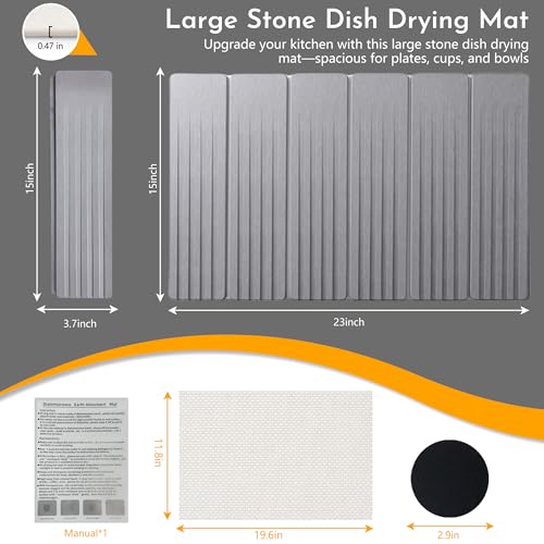 Large Stone Dish Drying Mat for Kitchen Counter, 23" × 15" Quick Dry Stone Mat, Collapsible Fast Absorbing Diatomaceous Earth Non-Slip Dish Drying Pad for Dishes & Cups (Medium Gray, 23" × 15") - color: Medium Gray