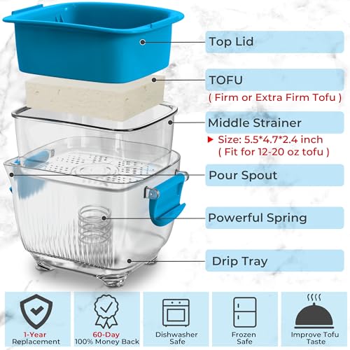Large 20 oz Tofu Press, Easily Remove Water from Tofu in 10-20 Mins, Vegan Tofu Presser for Firm or Extra Firm Tofu, Dishwasher Safe & BPA Free, with Drip Tray, Tofu Recipe Included - size: Fit for 12-20oz Tofu