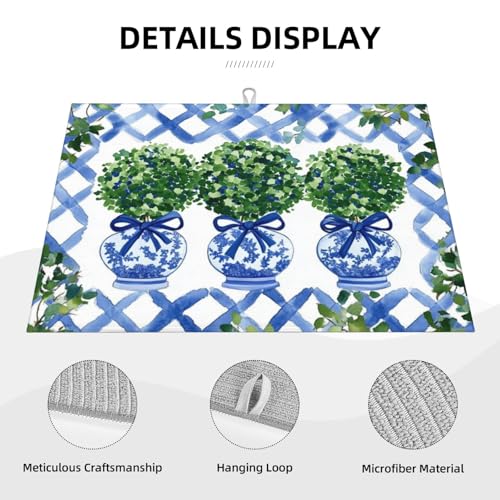 Topiary Chinoiserie Ginger Jar Dish Drying Mat For Kitchen Counter Microfiber Absorbent Dish Draining Reusable Washable Extra Large 18"X24"