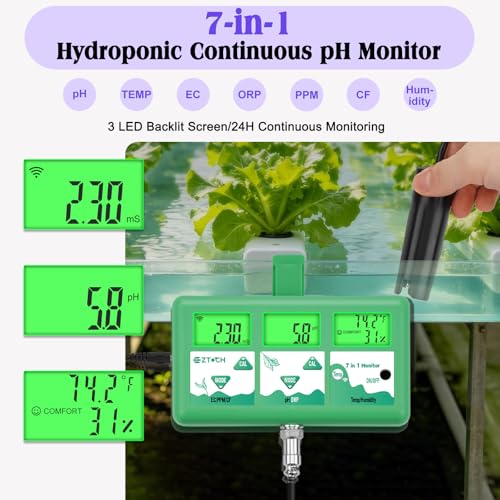 pH Monitor Hydroponic Continuous 7 in 1 EC pH TDS CF ORP Monitor | WiFi Continuous Monitoring pH EC PPM Humidity Temp Meter of Aquaponic, DWC Hydroponic System, Aeroponic Garden