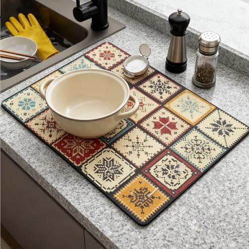 Dish Drying Mat, Quick Drying Water Draining Mat, for Kitchen Countertop | Good water absorption, multiple pattern, anti-slip, easy to clean, coffee bar accessories, bathroom counters, durable