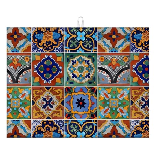 Talavera Mexican Tiles Dish Drying Mat For Kitchen Counter, Super Absorbent Microfiber Dish Drying Pad, Kitchen Gadgets For Easy Clean Multi-Use Large 18"x24" - color: Talavera Mexican Tiles