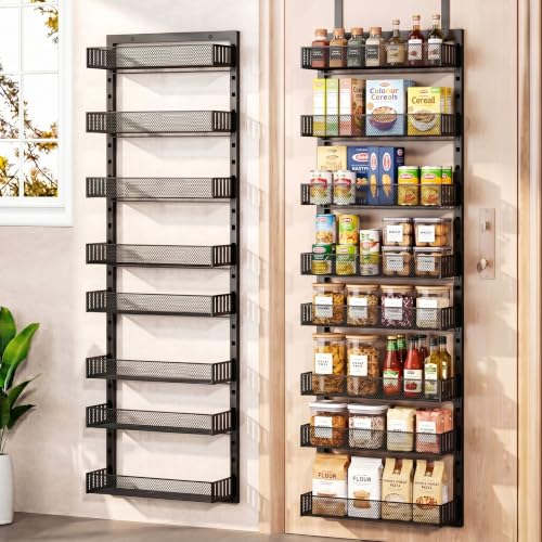Over the Door Pantry Organizer, 2-in-1 Wall Mount or Hanging Spice Rack, 8-Tier Pantry Door Storage Shelf with Adjustable Baskets, Anti-Swing Design for Kitchen, Bathroom, Laundry Room - color: black-2 Pack