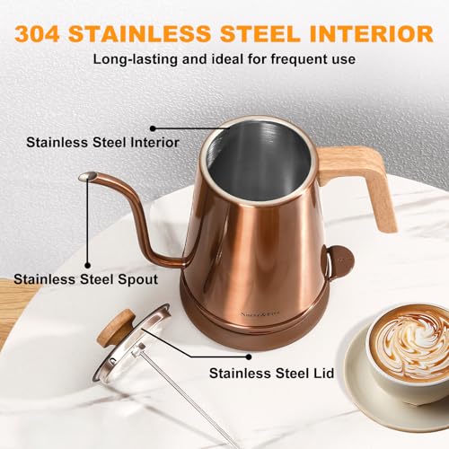 Nueve&Five Electric Gooseneck Kettle with Thermometer, 1.0L Pour Over Hot Water Kettle for Coffee and Tea, 1000W, Auto Shutoff, Boil-Dry Protection,Copper - color: COPPER
