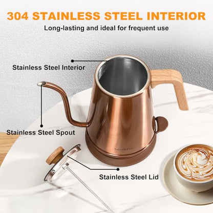 Nueve&Five Electric Gooseneck Kettle with Thermometer, 1.0L Pour Over Hot Water Kettle for Coffee and Tea, 1000W, Auto Shutoff, Boil-Dry Protection,Copper - color: COPPER