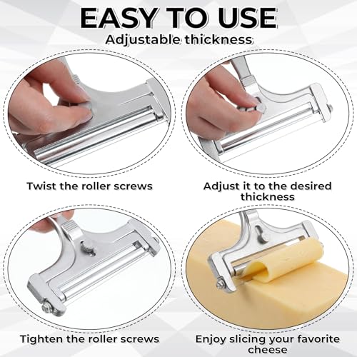 TIESOME Cheese Cutter, Stainless Steel Handheld Wire Cheese Slicer with 4 Extra Wires & Wrench Adjustable Butter Block Cutter Cheese Slicers for Block Cheese Mozzarella Cheddar Gruyere(Frosted)