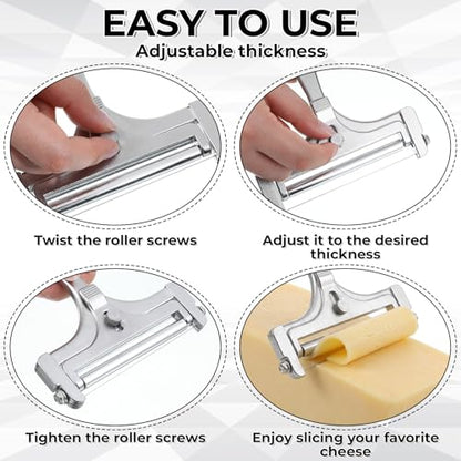 TIESOME Cheese Cutter, Stainless Steel Handheld Wire Cheese Slicer with 4 Extra Wires & Wrench Adjustable Butter Block Cutter Cheese Slicers for Block Cheese Mozzarella Cheddar Gruyere(Frosted)