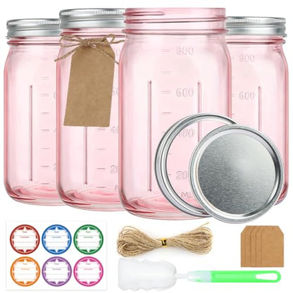 CARBLIN 4 Pack Mason Jars 32 oz, Wide Mouth Canning Jars with Airtight Lids, Glass Pint Jars with Bands Labels Brush, Large Storage Quart Jars for Jam Fermenting Preserving - Pink - color: Pink