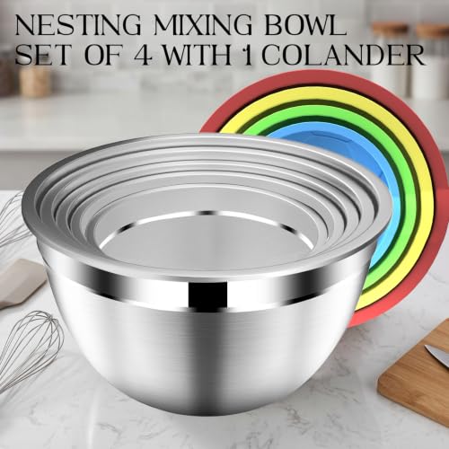 DUTZUN Colorful Mixing Bowls with Strainer, Mixing Bowl with Lids Set, Stainless Steel Mixing Bowls, Kitchen Gadgets Salad Bowls with Strainer for Mixing & Preping & Serving - style: 9PCS Multicolor