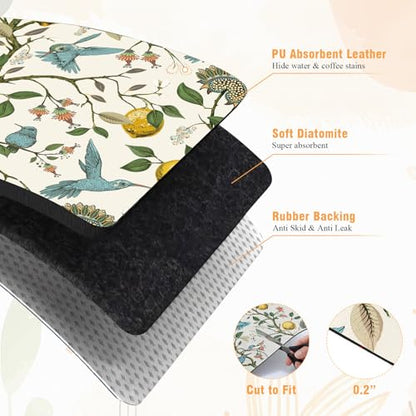 LemonRoad Dish Drying Mat for Kitchen Counter, 12"x20" Absorbent Coffee Bar Mat with Hummingbird Lemon Tree, Diatomite Drainer Drying Mats with Non-slip Backing for Kitchen Sink Countertop - style: Hummingbird Lemon Tree