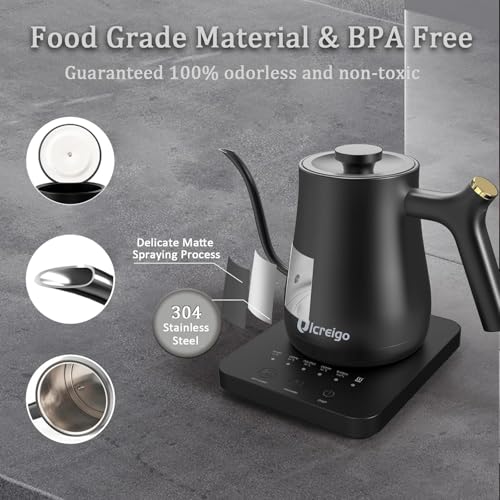 Gooseneck Electric Kettle,Ulcreigo Electric Kettle Temperature Control Tea Kettles for Boiling Water with 5 Variable Presets,Hot Water Boiler Heater for Coffee,304 Stainless Steel Black Color - color: Black 0.8L
