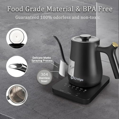 Gooseneck Electric Kettle,Ulcreigo Electric Kettle Temperature Control Tea Kettles for Boiling Water with 5 Variable Presets,Hot Water Boiler Heater for Coffee,304 Stainless Steel Black Color - color: Black 0.8L