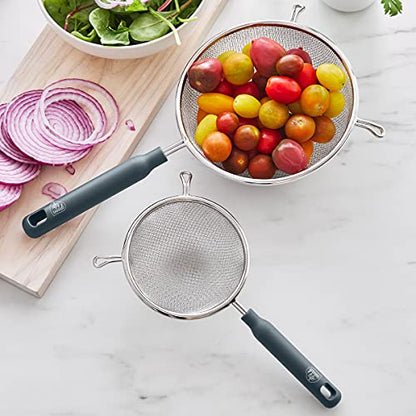 GreenLife Cooking Tools and Utensils, 2 Piece Extra Fine Stainless Steel Mesh Strainer Kitchen Set, Stay Cool Handles, Dishwasher Safe, BPA-Free, Grey - color: Gray, size: 2 Piece Stainless Steel Mesh Strainer Set