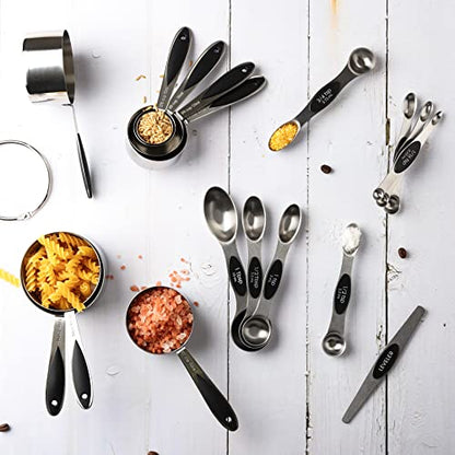 Measuring Cups and Spoons Set Stainless Steel Includes 8 Heavy Duty Measuring Cups 8 Double Sided Magnetic Measuring Spoons and 1 Leveler for Dry and Liquid Ingredients - color: black T