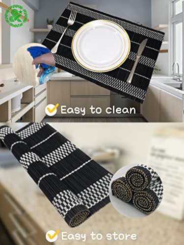 Set of 8 Pcs Bamboo Placemats Natural Anti-Slip Bamboo Placemats Washable Heat-Resistant Table Mats for Dining Room and Kitchen （Black+White） - color: Black, size: Set of 8 Placemat 17.7 x 11.8 inch