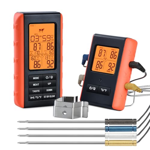 Wireless Meat Thermometer for Grilling and Smoking, Food Thermometer for BBQ Smoker Oven Cooking Steak, Grill Thermometer for Outside Grill with 4 Meat Probes, Kitchen Timer - style: 4 Probes