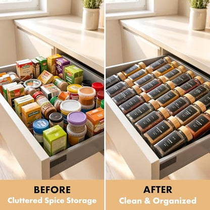 EDELHAUS® Square Spice Jars with Bamboo Wooden Lid (Pack of 36) Spice Jars with Shaker Insert and 240 Labels - Bamboo Lid Glass Container for Spice Organisation [4.3 in × 1.8 in] - color: 36x Bamboo Jars Black Stickers