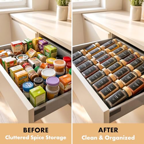 EDELHAUS® Square Spice Jars with Bamboo Wooden Lid (Pack of 24) Spice Jars with Shaker Insert and 240 Labels - Bamboo Lid Glass Container for Spice Organisation [4.3 in × 1.8 in] - color: Black Spice Labels
