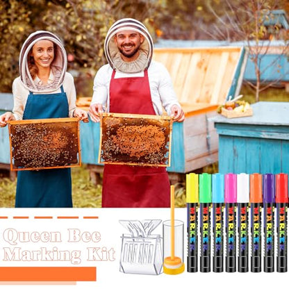 Qualirey 15 Pcs Queen Bee Marking Kit with 8 Pens 2 Bottles and 5 Plastic Cage Clips for Queen Bee Marking Beekeepers, Beekeeping Supplies (Yellow)