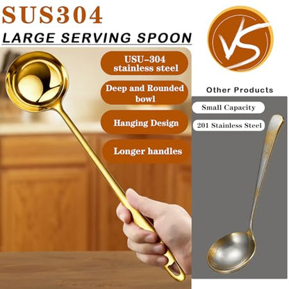 304 Stainless Steel Metal Ladle, Gold Soup Ladle Large Serving Spoon with 11.6" Handle for Cooking Stirring, Dishwasher Safe