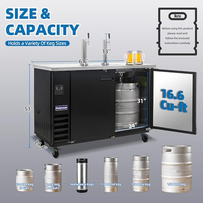 Polarman Commercial Beer Dispenser Two Single-tap Draft Kegerator 2 Door Keg Refrigerator for Bars and Restaurants 61” W Stainless Steel With 2 Coupler, 33°F- 41°F Temperature Control-Direct Draw - size: 61"W Two Single-tap