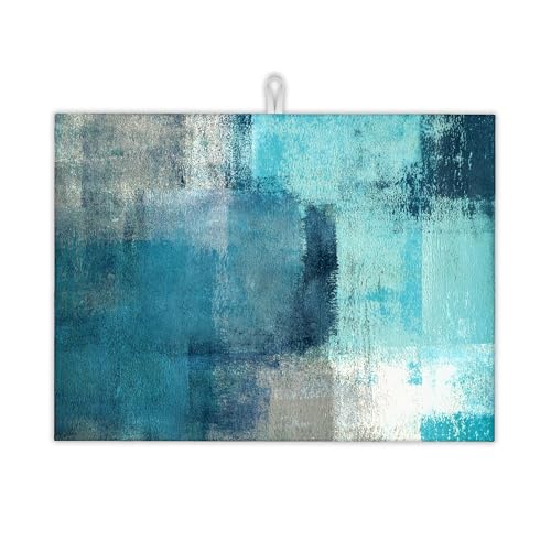 Teal Grey Abstract Art Dish Drying Mat, Drying Rack Pad Countertop Dishes Ultra Absorbent Microfiber Kitchen Counter Mat for Coffee Countertop Decor 18x24 Inch - color: Teal Grey Abstract Art