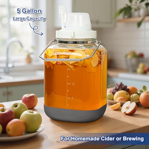 Daitouge 5 Gallon Large Fermentation Jars, Pickle Jar, Wide Mouth Airtight Glass Jar with Scale Mark, Glass Water Jug with Stainless Handles for Pickling, Brewing, Dry Storage