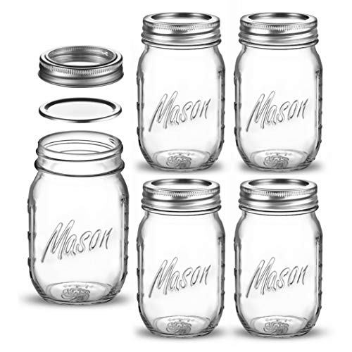 Paksh Novelty Mason Jars with Lids & Sealer - 5 Pack 16 Oz Regular Mouth Glass Canning Jars - Food Storage Container - Airtight Container for Pickling, Candles, Overnight Oats, Fruit Preserves - color: 16 Oz - 5 Pack - Regular