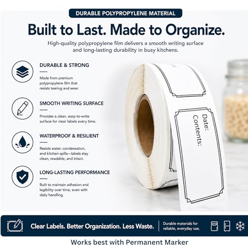 Waterproof Date & Contents Pantry Labels 1" x 2" (25.4 x50.8 mm) - 500/roll in Dispense Box – Easy-Tear Perforated Food Labels for Containers, Freezer & Meal Prep – Removable, Writable - style: Date and Contents Label