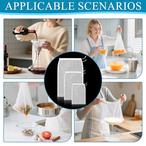 10Pcs Cheese Cloth Bag For Straining Reusable Nut Milk Bags Nylon Washable Fine Mesh Strainer Bags for for Almond Yogurt Juice Cheese Making Cold Brew Coffee Beer Tea (10Pcs 3 Size)
