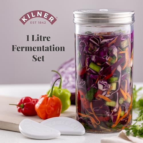 Kilner 1 Litre Fermentation Jar Set Wide Mouth Glass Jar with Silicone Valve Lid, Ceramic Weights & Recipe Booklet, Ideal for Small Batch Fermentation - size: 1 Litre Set