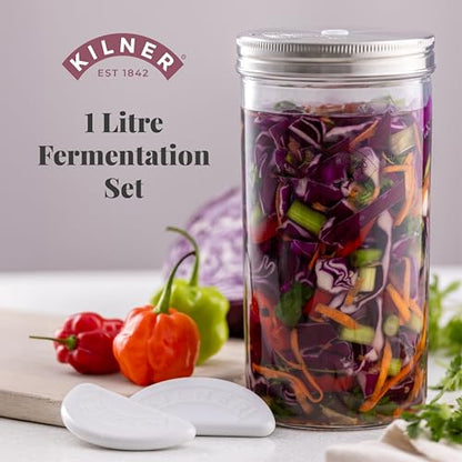 Kilner 1 Litre Fermentation Jar Set Wide Mouth Glass Jar with Silicone Valve Lid, Ceramic Weights & Recipe Booklet, Ideal for Small Batch Fermentation - size: 1 Litre Set