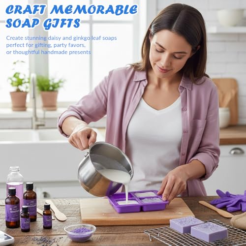 HKNMTT Silicone Square Rectangle Bar Molds Leaf Flower Pattern, 8 Cavities for Candy Soap Making Shower Steamer Homemade Bath Lotion Shampoo Bar DIY Set Non-stick Craft Food Grade 2 Pack - style: Daisy Ginkgo Leaf - 2PCS