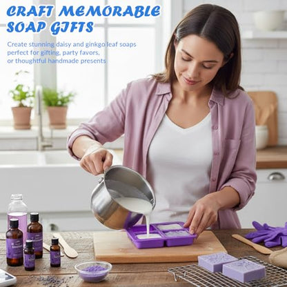HKNMTT Silicone Square Rectangle Bar Molds Leaf Flower Pattern, 8 Cavities for Candy Soap Making Shower Steamer Homemade Bath Lotion Shampoo Bar DIY Set Non-stick Craft Food Grade 2 Pack - style: Daisy Ginkgo Leaf - 2PCS