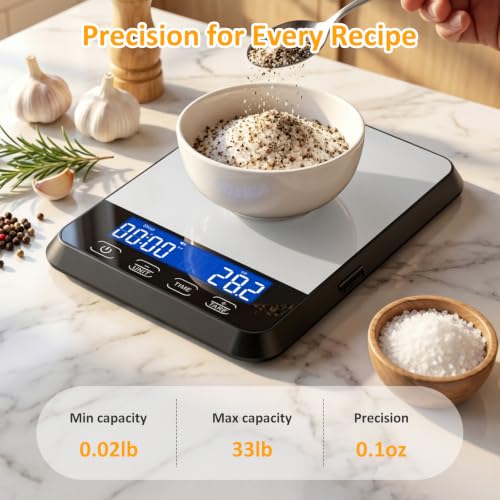 Letron Food Scale, 33 lb / 0.1 oz High Precision Kitchen Scale for Sourdough Bread, Built-in 7 Units, Timing & Tare Function, Rechargeable Digital Kitchen Scale for Food, Baking, Cooking, White - color: White