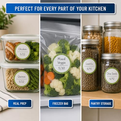 Water Soluble Labels for Food Containers – Dissolvable Kitchen Labels – No Sticky Residue – 2" Diameter, Two-Line Writable Surface, 200 Labels Per Roll (Green) - color: Green