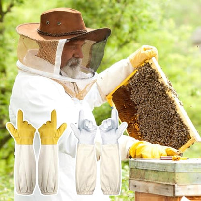 4-Pack Beekeeping Gloves & Hat Set - 2 Pack Beekeeping Veil Bee Keeper Hats and 2 Pack Thick Goatskin Leather Bee Gloves with Ventilated Sleeves, Outdoor Professional Beekeeping Protective Gear