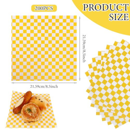 200 Pcs Wax Paper Sheets for Food Deli Wrap Paper Sheets 8.5x8.5"Food Basket Liners Checkered Square Sandwich Wraps for Burgers Bread Restaurant Barbecue Picnic(Yellow) - color: Yellow