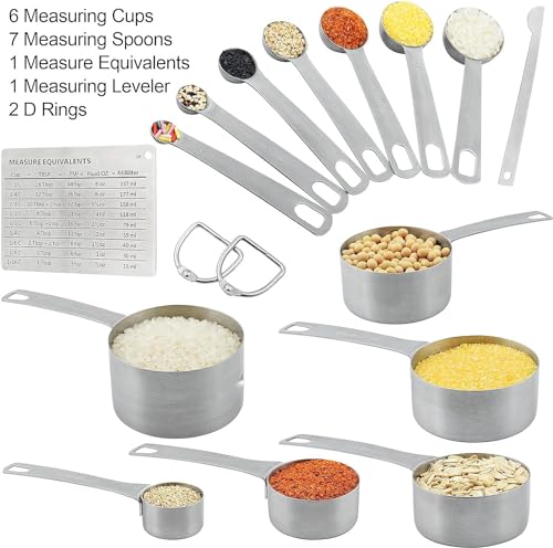 Measuring Cups and Spoons Set 15, Metric & US 18/8 Stainless Steel Measuring Cups and Spoons Set for Baking & Kitchen, 6 Measure Cups & 7 Spoons Leveler & Measure Equivalents for Dry&Liquid - size: Set of 15